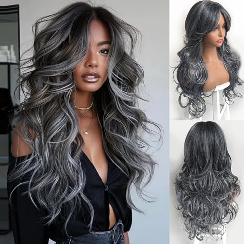 Dark Gray Highlight Layered Wavy Wig With Curtain Bangs for