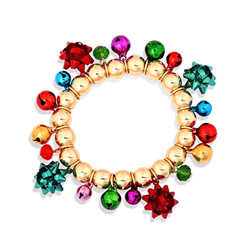 Nvenf Christmas Bracelets For Women Xmas Gift Bow Charm Bangle Bracelet Holiday Jingle Bell Bracelets Beaded Stretch Bracelets For Girls (Gold) #TOP28