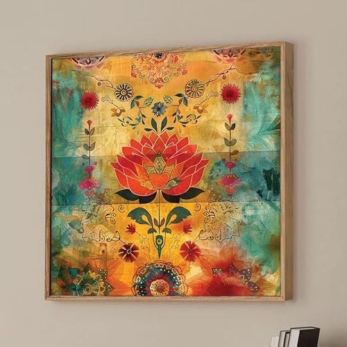 Image of Colorful Vastu Lotus Framed Canvas Wall Art Painting for Living Room | Bohemian Floral Artwork Painting with Frame | Modern Spiritual Wall Decor for Home, Bedroom & Office, 23x23 Inch