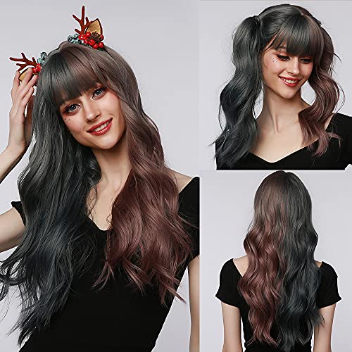 HAIRCUBE Blue and Brown Curly Wigs with Bangs,Long Wave Wigs for Women Natural Synthetic Wigs Cosplay Wigs