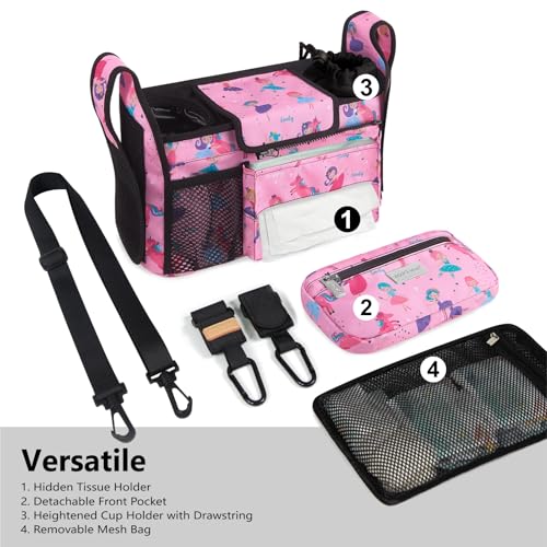 Image of TOPDesign Universal Baby Stroller Organizer, Stroller Caddy with Detachable Mesh Bag & Heightened Insulated Cup Holders & Non-Slip Secure Hooks Accessories, Fits Most Strollers (Unicorns & Girls)