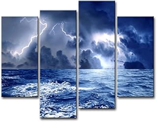 Canvas Print Wall Art Picture Sea Before Storm Dark Clouds Surging Wave With Lighting 4 Pieces Modern Giclee Stretched And Framed Artwork The Seascape Pictures Photo Prints On Canvas