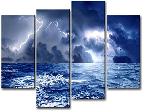 Canvas Print Wall Art Picture Sea Before Storm Dark Clouds Surging Wave With Lighting 4 Pieces Modern Giclee Stretched And Framed Artwork The Seascape Pictures Photo Prints On Canvas