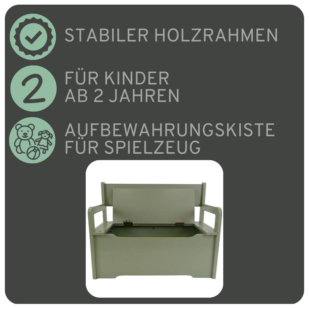 Bandits & Angels Holzspielzeugkiste mit Aufbewahrungsbank Retro Grün – 2-in-1-Aufbewahrungsbank – Sitzhöhe 24 cm – Maße 60 x 27 x 47 cm – für Jungen und Mädchen – Kinderzimmermöbel - Kindersitzbank