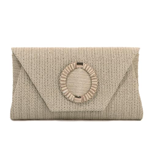 BWBIKE Women's Raffia Woven Clutch Purse – Elegante Umhängetasche aus Stroh für Sommer, Strand, Hochzeiten und formelle Partys, Envelope Handtasche mit abnehmbarem Kettenriemen, Khaki