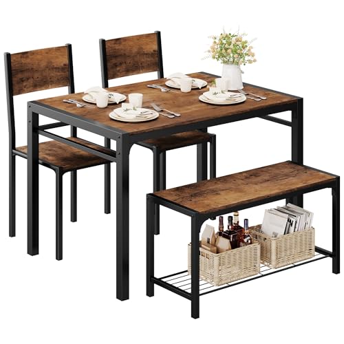 Shahoo Kitchen Table and 2 Chairs for 4 with Bench, 4 Piece Dining Sets for Small Space, Brown