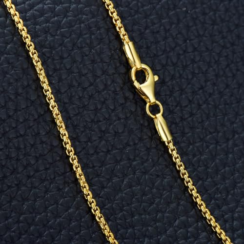 Dacc & Aya Authentic 925 Sterling Silver Round Box Chain 1/1.5/2/3 mm Round Box with Lobster Clasp Silver/14K Yellow Gold Plated Necklace Chain Diamond Cut 16-26 Inches3