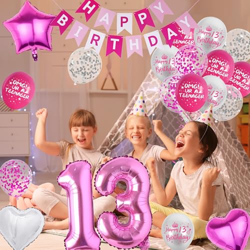 VeyoCraft 13th Birthday Decorations for Girls - Teenager Party Supplies Hot Pink Happy Birthday Banner, OMG UR A Teenager Foil Balloons Number 13 Balloon Cake Topper for 13 Year Old Teen by VeyoCraft - Used condition - Image 6