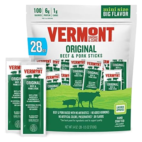 Vermont Smoke & Cure Meat Sticks - Original Beef & Pork Sticks Protein Snacks, No Antibiotics or Added Hormones, School Snack for Lu​​nchbox- 0.5 oz, 28 ct Cover