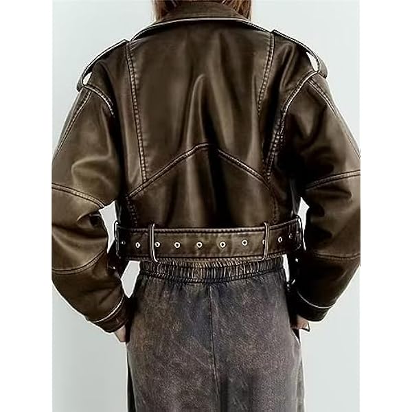 Adhdyuud Vrouwen Riem Faux Lederen Jas Jas Vintage Lange Mouw Voorkant Rits Zakken Bovenkleding Chic Tops