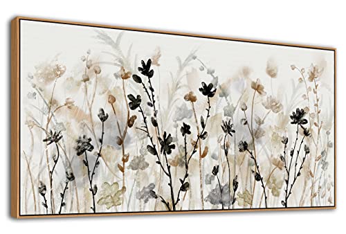 Framed Floral Wall Art Abstract Grey Cream White Grass Flowers Canvas Pictures Modern Landscape Painting Botanical Artwork For Living Room Bedroom Kitchen Office Wall Decor Ready To Hang 20"X 40" #TOP5