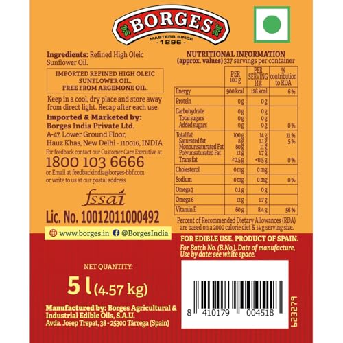 Image of Borges Borgefrit High Oleic Sunflower Oil -5 L | The Frying Expert | 75% MUFA | 100% Non GMO |Packed in Spain