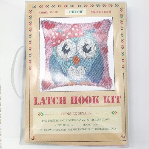 Image of Howie's Latch Hook Kit, DIY Owl Pillow Crochet Yarn Kits for Adults, Color Preprinted Pattern Embroidery Sofa Cushion Cover (Blue Owl, 16.93 x 16.93 inch)
