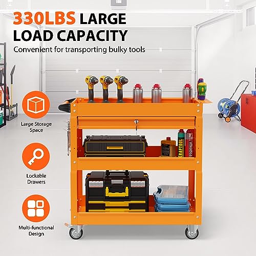 Image of 3 Tier Heavy Duty Rolling Tool Cart with Drawers, Large Storage Utility Cart on Wheels for Garage, Warehouse, Repair Shop (Orange)