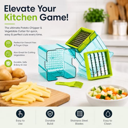 Image of D-Search Manual Potato Chipper & Vegetable Cutter with 2 Stainless Steel Blades, French Fries Maker, Finger Chips Cutter for Potato, Carrot, Cucumber & Vegetable Cutting Tool