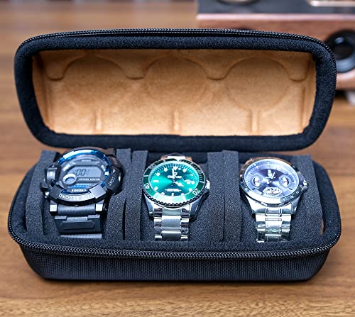 Aukura 3 Slots Hard Watch Travel Case, Zipper Watch Roll Storage Organizer Box For Men And Women, With Anti-Move Pillow Fit Small And Large Watches(Microfiber Lining) #TOP6