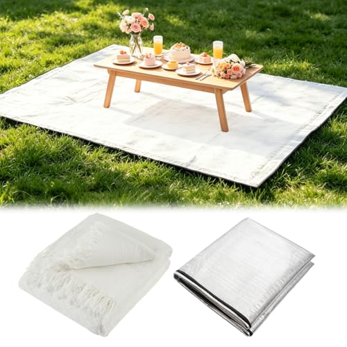 91x71 In Extra Large Outdoor Picnic Blanket with 94x79 In Waterproof Mat Oversize Woven Cotton Yarn Beach Blanket with Fringe Machine Washable Portable for Spring Summer Camping Beach Park (White)