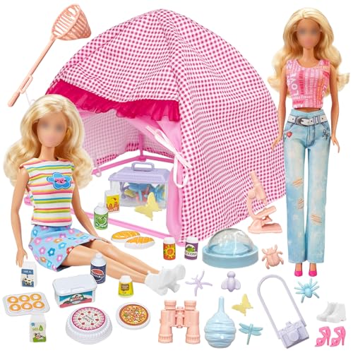 35 muñecas, ropa de camping, juego compatible con Barbie, 1 tienda de campaña, 4 prendas, 12 comida de picnic, juego de juguetes, 15 accesorios para exteriores, 2 zapatos para muñecas de 11,5 pulgadas