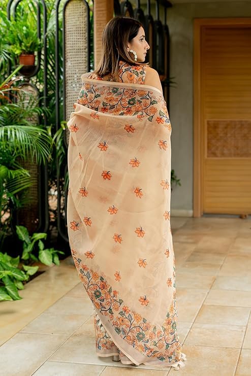 Image of RAJESHWAR FASHION WITH RF Soft Linan Cotton Summer collection rose digital print Traditional look saree beige