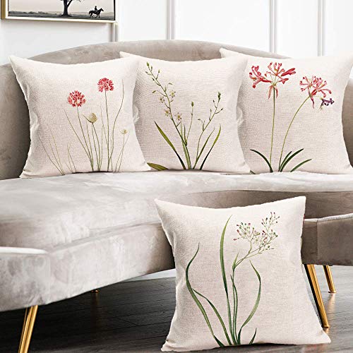 Royalours Throw Pillow Covers Green Leaf Floral Decorative Throw Pillow Case Cushion Cover Cotton Linen Pillowcase For Home Sofa Car 18 X 18 Inches Set Of 4 (Fresh Floral) #TOP2