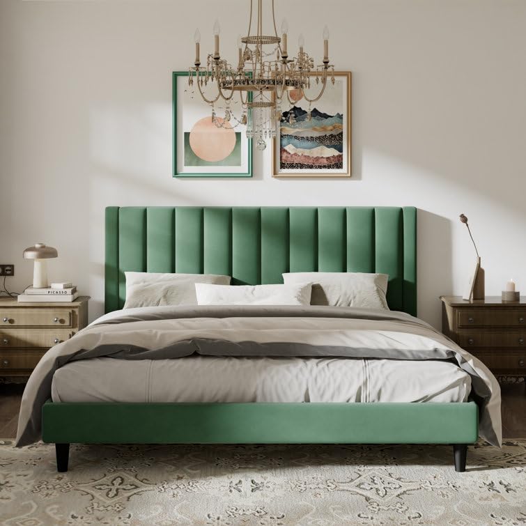 Image of HITHOS Modern Upholstered King Size Bed with Wingback Headboard | Wooden Double Bed Cot Palang Without Storage for Living Room Home Bedroom (Green) 1 Year Warranty
