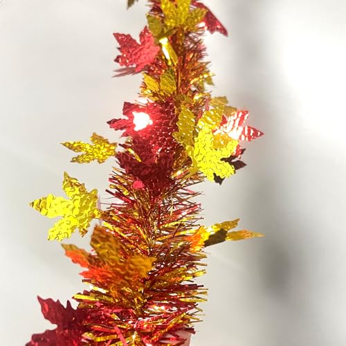Image of 33Ft Thanksgiving Fall Tinsel Garland Shiny Hanging Coarse-Textured Red and Gold Maple Leaf Metallic Twist Garland Autumn Decor for Fall Party Door Tree Garlands Decorations - (Red & Gold)