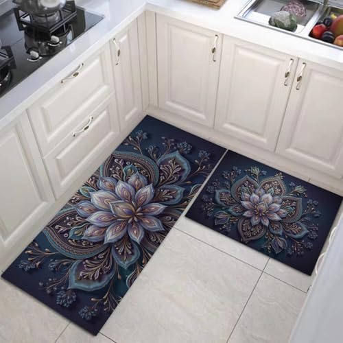GDJSMIN Juego De 2 Alfombras Antifatiga para Cocina, Antideslizantes Lavables Y Estilo Étnico Alfombras Y Felpudos para Cocina Alfombra para Preciosas Flores De Datura, 40×60Cm+40×120Cm