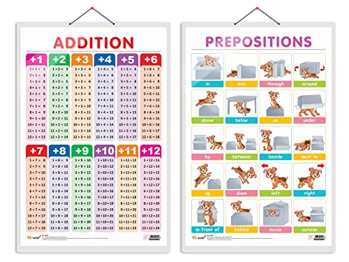 Image of Set of 2 ADDITION and PREPOSITIONS Early Learning Educational Charts for Kids | 20 inchX30 inch inch |Non-Tearable and Waterproof | Double Sided Laminated | ... Kindergarten and Nursery Students
