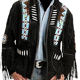 Classyak Western Style Real Leather Jacket, Fringes Beads & Bones, Xs-5xl (5X-Large For Chest 52'-54', Suede Black)