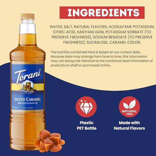 Image of Torani Sugar Free Salted Caramel Syrup 1 Liter Bottle with Pump Dispenser - Zero Calorie Flavored Coffee Syrup for Lattes, Cold Brews, Teas, Cocktails & Desserts - Keto Friendly