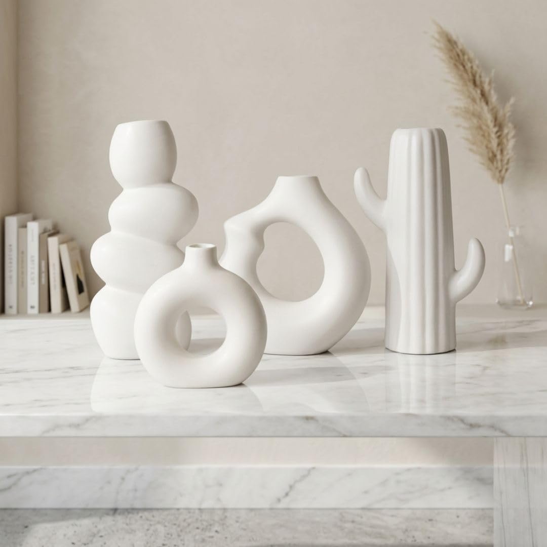 Modern Ceramic Vase Set of 4 | Nordic Minimalist Donut, Bubble & Cactus Design Decorative Flower Vases | Matte White Home Decor for Living Room, Center Table, Shelf & Office-image-49