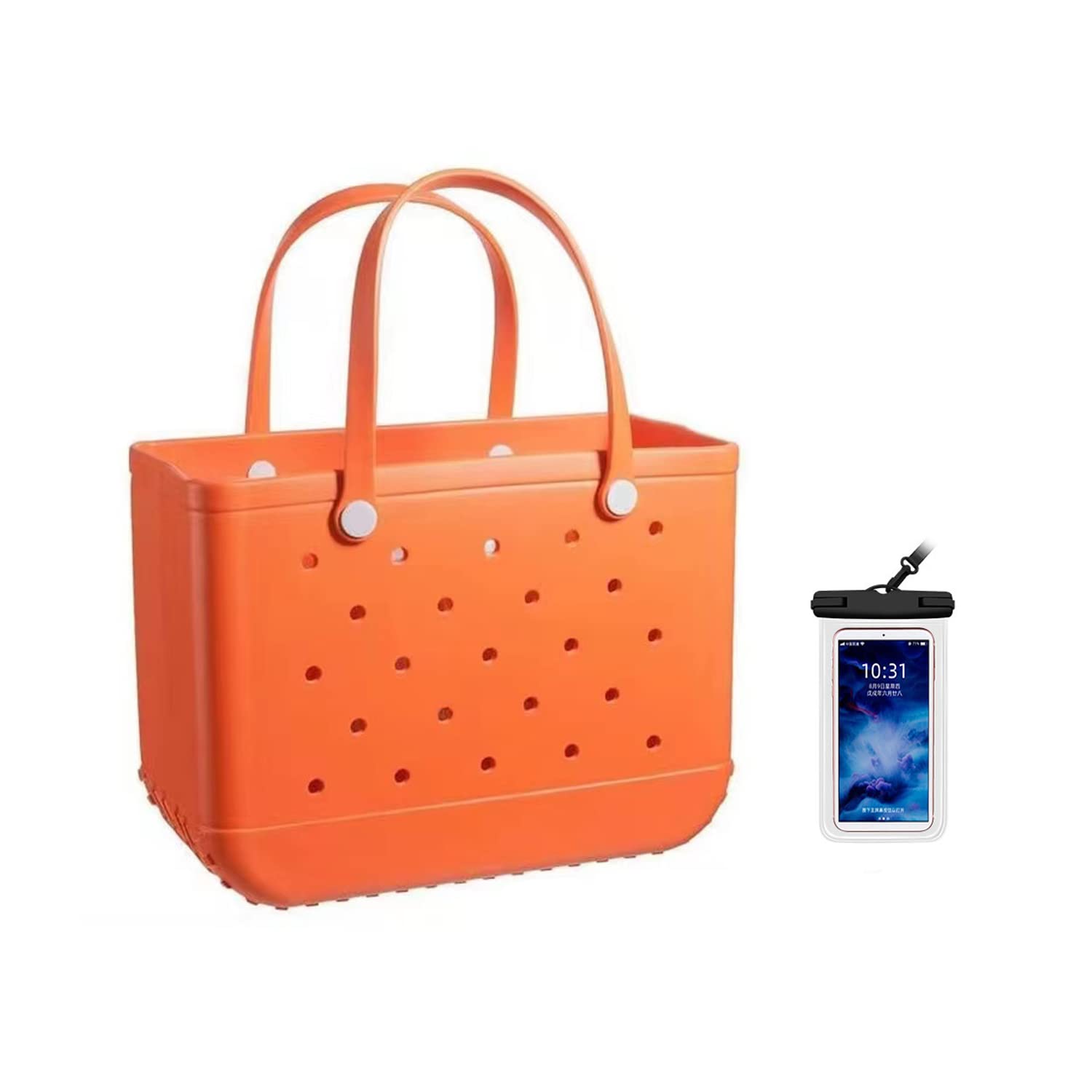 Sac fourre-tout de plage imperméable et lavable avec étui de téléphone étanche en EVA portable avec trous pour la plage, l'extérieur, le bateau, la piscine, le travail, le sport, Orange