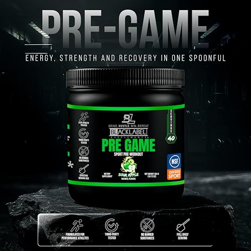 Image of Blacklabel Supplements PRE-Game Pre Workout Powder, Sour Apple (40 Servings) - NSF Certified for Sport - Customizable 150mg Caffeine for Energy and Focus - Low-Stimulant Pre Workout for Men and Women