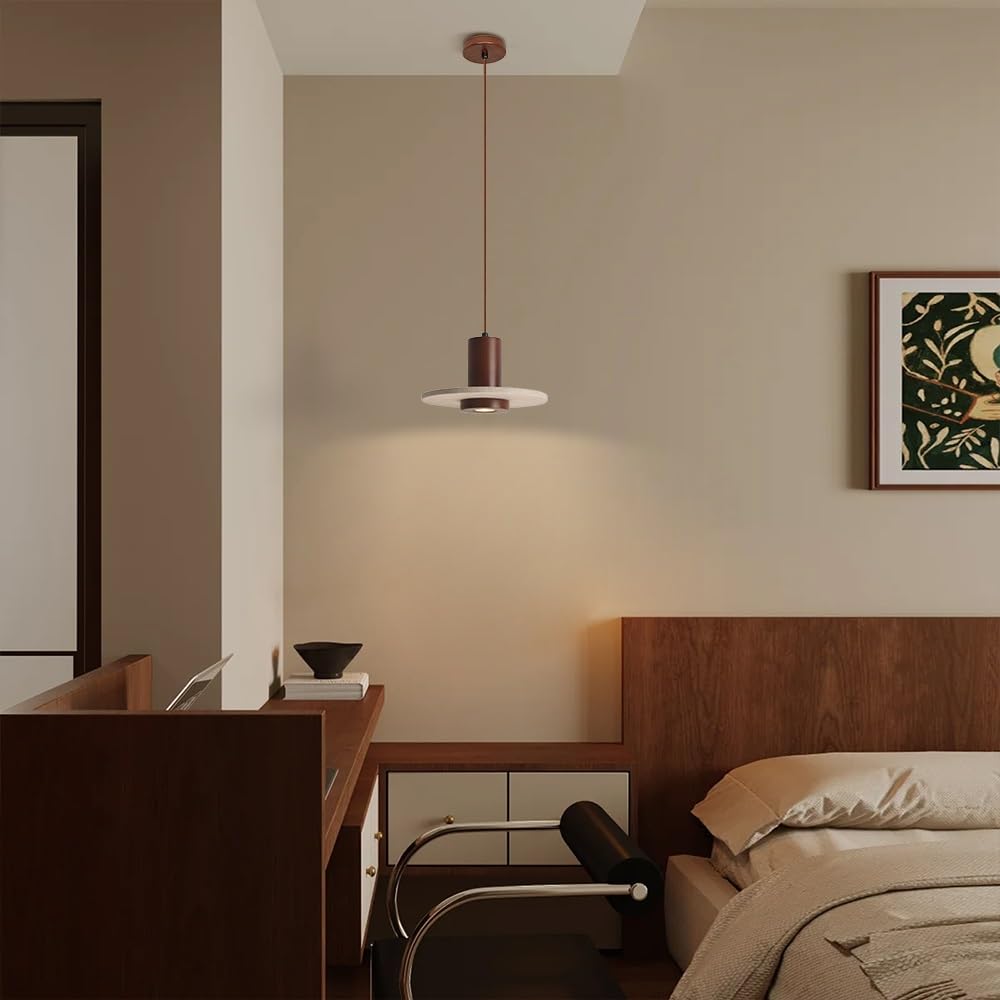 Lámpara colgante de travertino natural con cordón ajustable for colgar, lámpara colgante de madera maciza con un solo cabezal, casquillo E27 Wabi Sabi(Walnut,20cm)