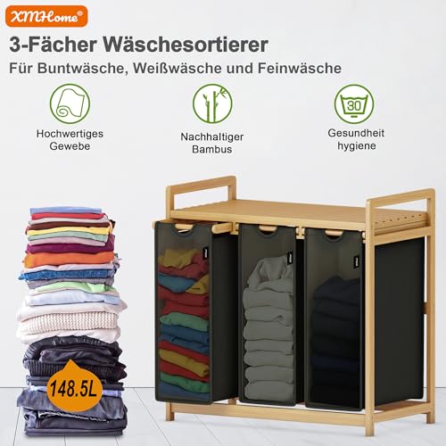 XMHome wäschekorb 3 fächer 148L großer quadratischer Wäschesammler aus Bambus Wäschebox optisch ansprechender Wäschesortierer in 77.5X41.3X77.5 CM Dunkelgrau