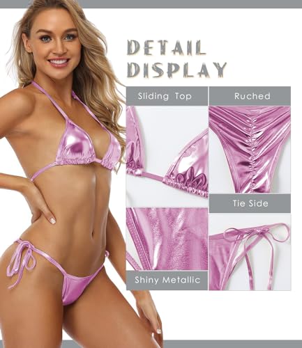 Women's Liquid Metallic Rainbow Bikini Sets Shiny String Padded Triangle 2 Pieces Swimsuit Set3