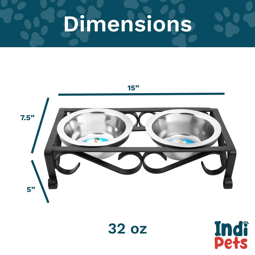 Indipets Comedero elevado de hierro forjado con dos cuencos de acero inoxidable para perros y gatos, cuencos elevados para mascotas, cuencos de acero inoxidable resistentes con soporte de hierro
