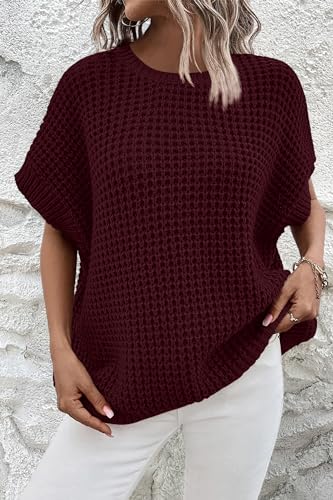Jumppmile Women's Short Sleeve Waffle Knit Batwing Sleeve Sweater Pullover Sleeveless Oversized Sweater2