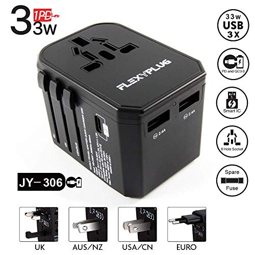 International Travel Power Plug Adapter: 3 USB Ports 33W, 8A Universal Outlet Charger with AC Plug, Small Multi Function Adaptor with 18W PD Smart Charging for Phone, Tablet, Laptop - EU, UK, AUS, USA