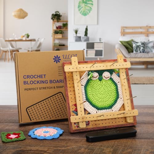 Image of 10 inchCrochet Blocking Board - Upgraded Style with 4 Tension Rods and 20 Pegs - Blocking Boards for Crochet Projects, Ideal for Granny Square Card Deck Users (Crimson)