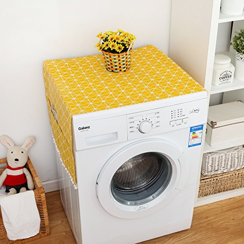 Image of Dust-Proof Refrigerator Cover Cotton Washing Machine Top Protector with Side Storage Bags Universal Cover Cloth for Home and Kitchen (Yellow Chessboard)