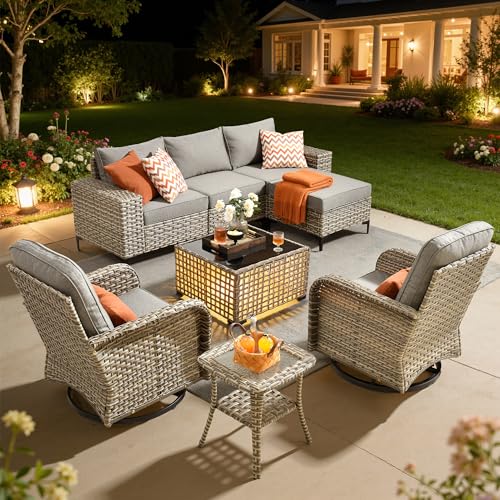 HOOOWOOO 8 Pieces Patio Furniture Set,L Shaped Outdoor Sectional Couch with Swivel Chiars Solar Table, PE Wicker All Weather Outside Conversation Sofa Ottoman Set,Charcoal Gray