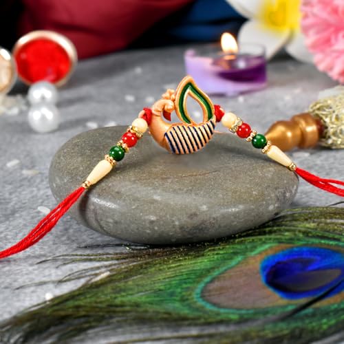 Image of Oblivion Mixed Design Multicolour Beaded Rakhi Set of 2 for Brother with Silver Colour Pooja Coin, Pooja Thali and Greeting Card for Raksha Bandhan