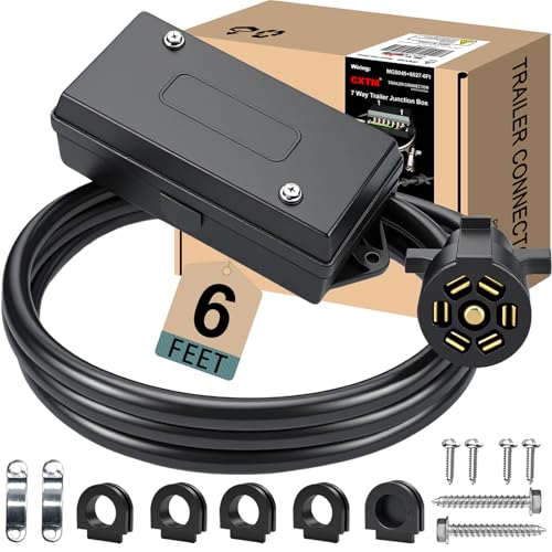 CXTM 7 Pin Trailer Wiring Harness Kit 6 Feet 7 Gang Waterproof Junction Box with Heavy Duty 7 Way Trailer Cord Pigtail Double Prongs Connector Inline Cable for RV Standard (6ft)