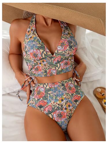 Women's 2 Piece Tropical Floral Tankini Swimsuits Halter Drawstring High Waisted Bathing Suit4