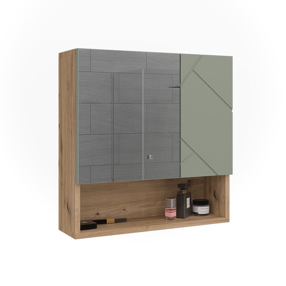 Vicco Armoire de Toilette Irma, Vert Sauge, 54x55cm, à Monter au Mur avec Miroir et étagères Ouvertes