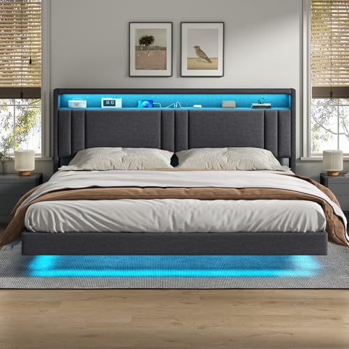 KIMENICH Lit 180x200 cm, Effet Flottant, Lits Double avec LED Réglable, Multiprise et Étagère Ouverte, Cadre de Lit avec Sommier à Lattes, Lits Flottant...