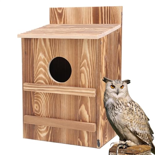 フクロウの家、外側の木製フクロウの営巣箱円形の開口部、イージーアセンブリ、ケストレルズ鳥できるデザインでバードハウスの維持を簡のための大きな鳥屋には、ネジを取り付けることが含まれています -