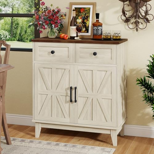 Farmhouse-Storage-Cabinet-with-Barn-Doors-and-Drawers-Freestanding-Kitchen-Pantry-Cabinet-Floor-Cabinet-Buffet-Sideboard-for-Bathroom-Entrance-Area-Living-Room-Walnut-White Farmhouse Storage Cabinet with Barn Doors and Drawers Freestanding Kitchen Pantry Cabinet Floor Cabinet Buffet Sideboard for Bathroom Entrance Area Living Room Walnut White