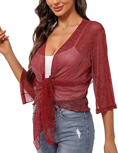 Totatuit Womens Shiny Sheer 3/4 sleeve Shrug Tie Bolero Top Open Front Mesh Cardigan Lightweight Knit2
